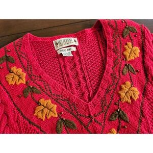 Melbourne Elements Sweater Women M Red Hand Knit Cable Embroidered Leaf V-Neck